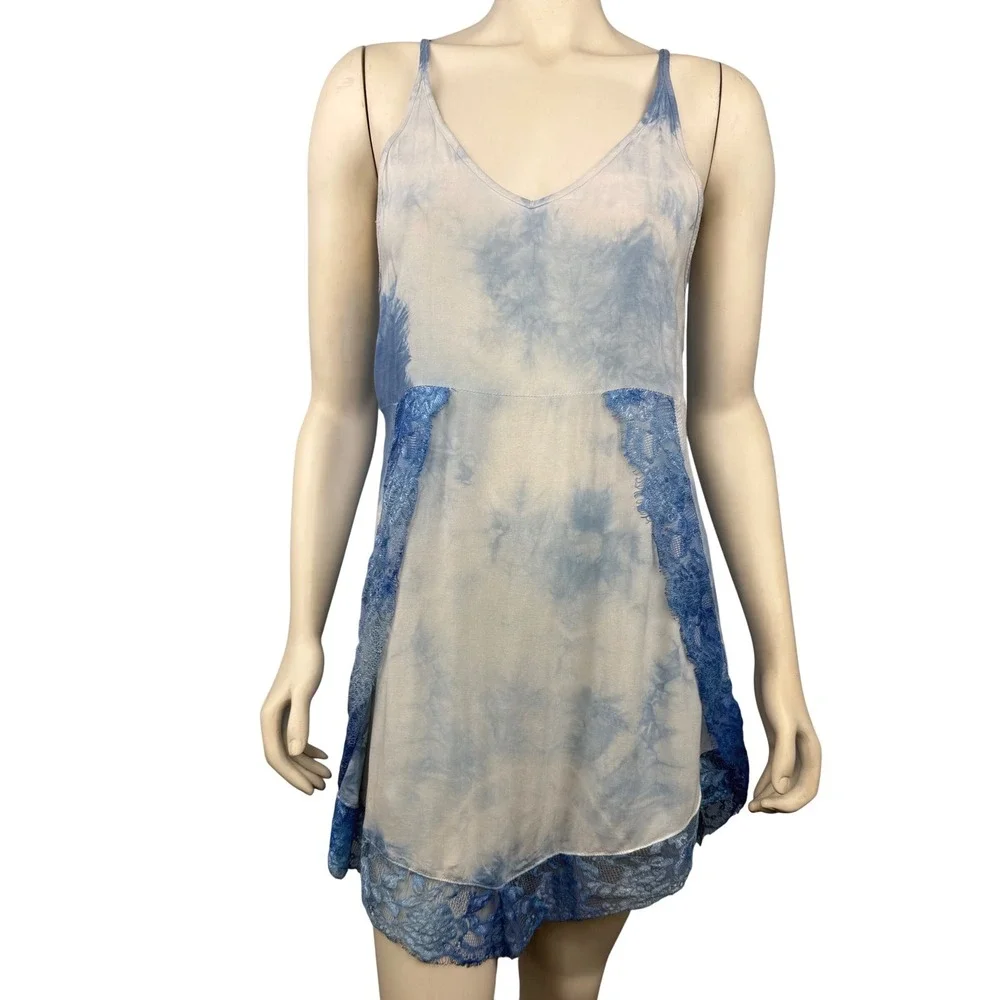 Intimately Free People Slip Dress Womens XS Blue Tie Dye Lace Trim‎ Boho Mini
